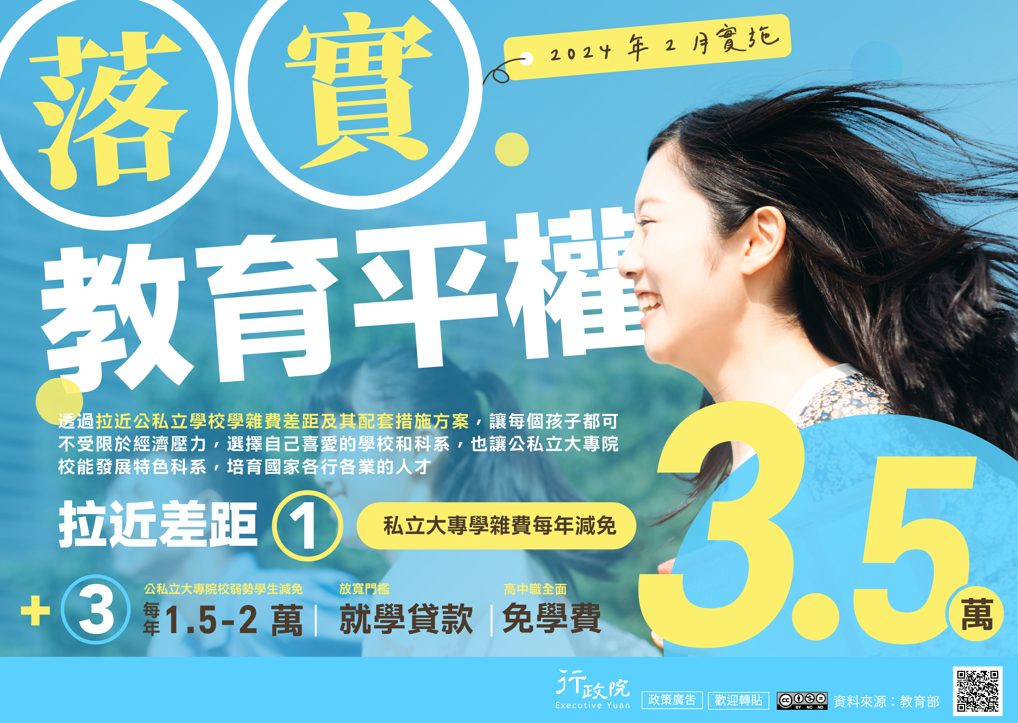 為培育國家各行各業人才，政府將於113年2月起實施「拉
近公私立學校學雜費差距及其配套措施方案」，以落實教
育平權，朝「0到22歲國家一起栽培」目標邁進