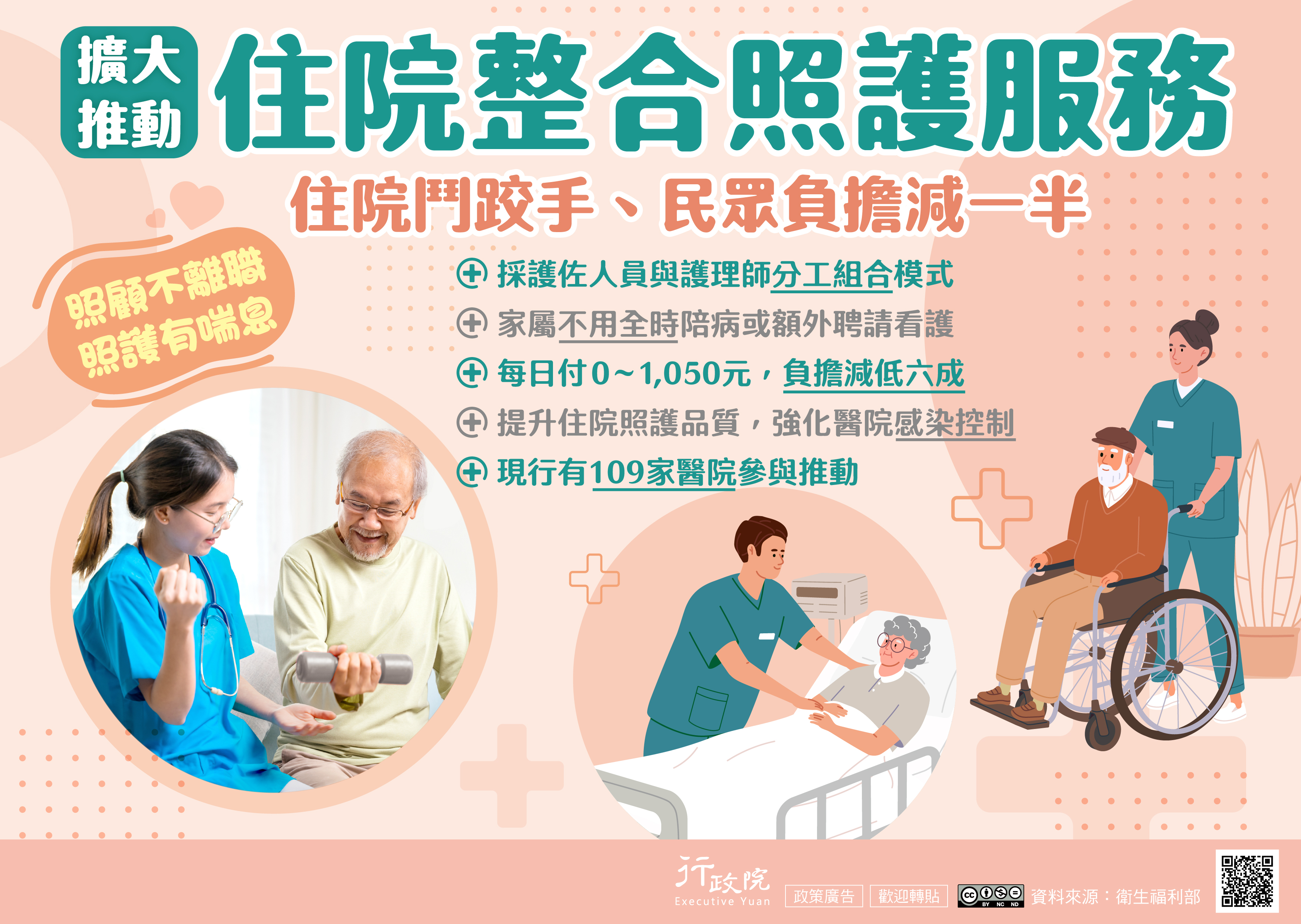 為減輕家屬陪病照顧與經濟負擔，政府自114年起擴大推動
住院整合照護服務，落實「打造健康臺灣，樂齡幸福社
會」的國家施政理念